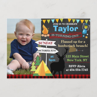 Lumberjack Camping first birthday party invitation