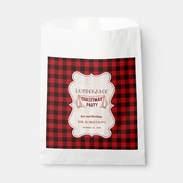 Lumberjack Christmas Party Red Buffalo Wood Favour Bags (Front)