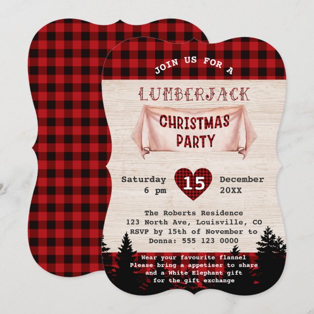 Lumberjack Christmas Party Red Buffalo Wood Invitation (Front/Back)