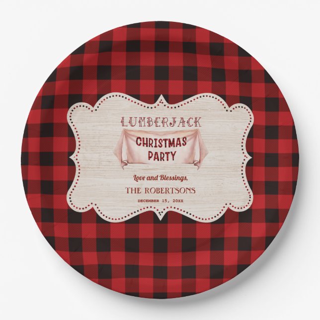 Lumberjack Christmas Party Red Buffalo Wood Paper Plate (Front)