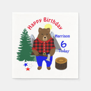 Lumberjack Cute Bear Plaid Happy Birthday Napkin