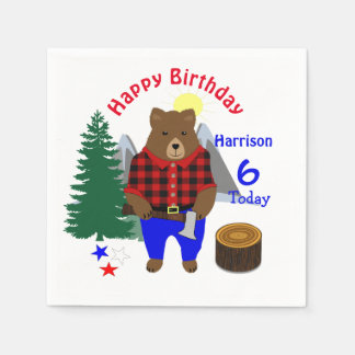 Lumberjack Cute Bear Plaid Happy Birthday Napkin