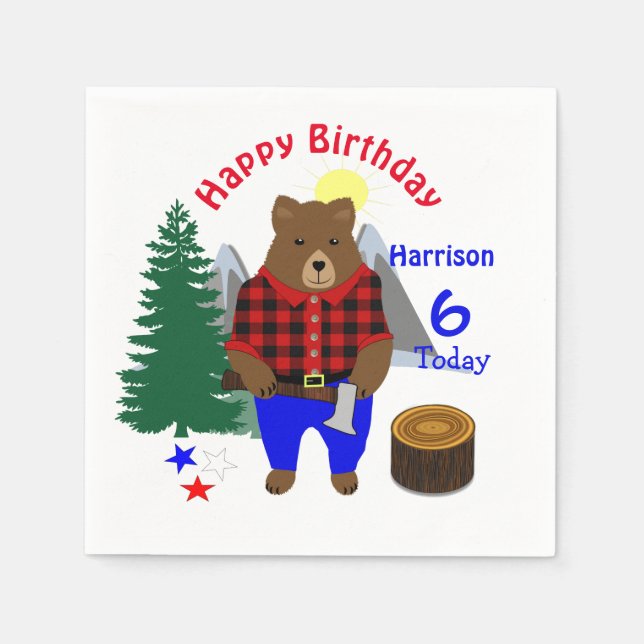 Lumberjack Cute Bear Plaid Happy Birthday Napkin (Front)