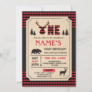 LUMBERJACK FIRST BIRTHDAY INVITE WOODLAND CHECK