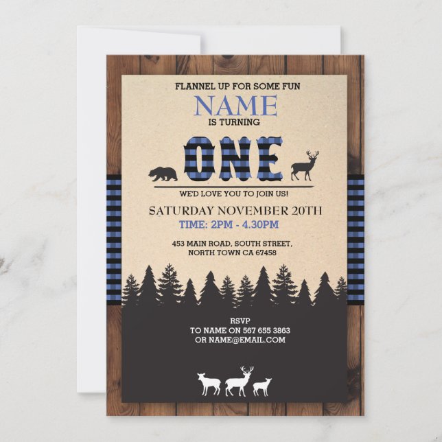 Lumberjack First Birthday ONE Blue Check Invite (Front)