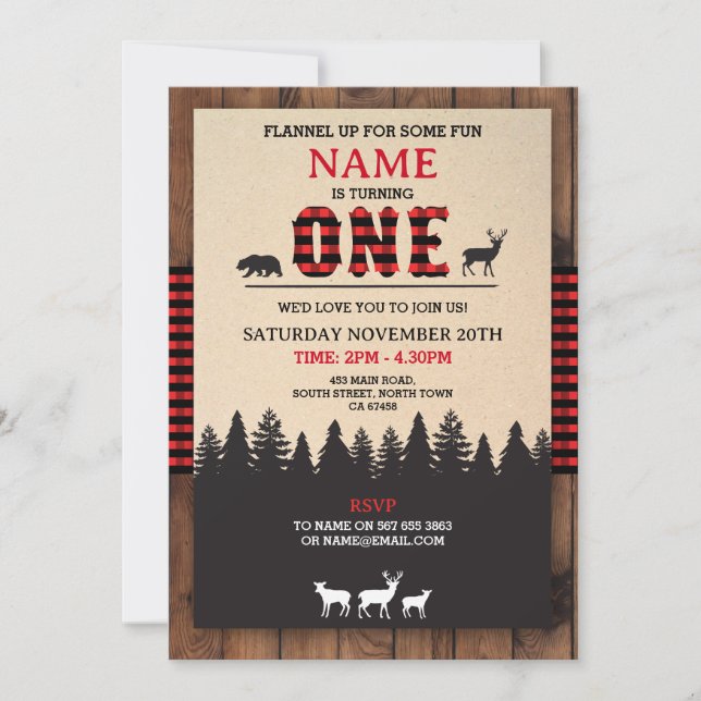 Lumberjack First Birthday ONE Red Check Invite (Front)