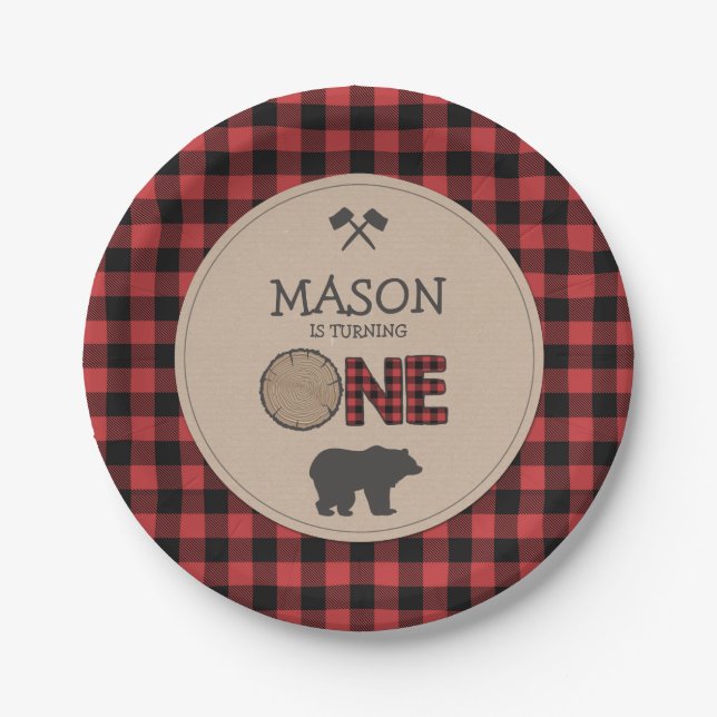 Lumberjack First Birthday Paper Plates Red Plaid (Front)