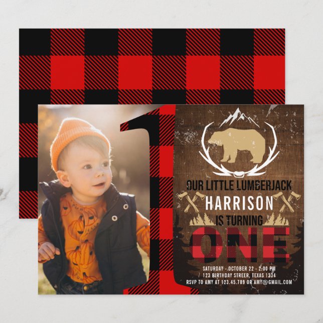 Lumberjack First Birthday Wood Plaid Photo Invitation (Front/Back)