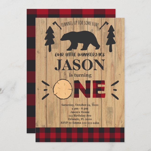Lumberjack Flannel 1st Birthday Invitation (Front/Back)