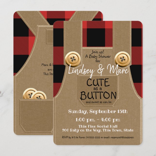 Lumberjack Flannel Cute as a Button Baby Shower Invitation (Front/Back)