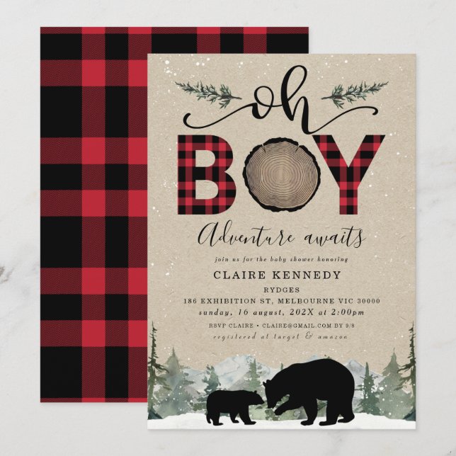 Lumberjack Flannel Kraft Oh Boy Baby Shower Invitation (Front/Back)
