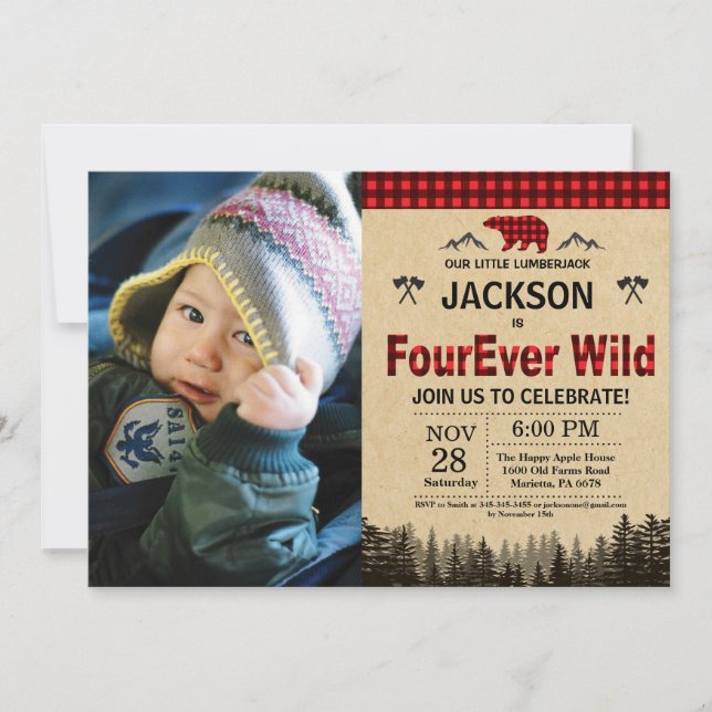 Lumberjack FourEver Wild Birthday Bear Woodland Invitation (Front)