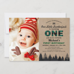 Lumberjack Green Plaid First Birthday Baby Photo Invitation