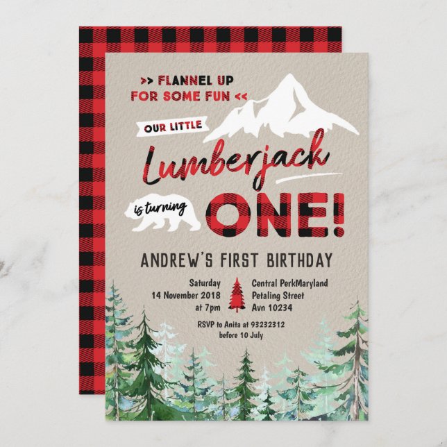 Lumberjack is turning one birthday invitation (Front/Back)