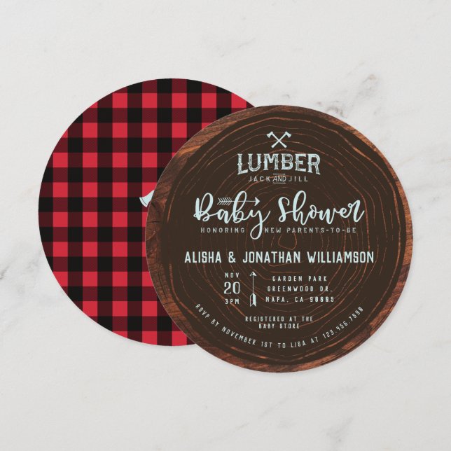 Lumberjack & Jill Baby Boy Shower Wood & Red Plaid Invitation (Front/Back)