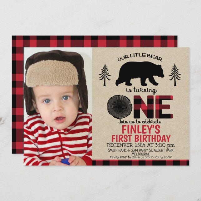 Lumberjack little Bear Photo 1st Birthday Invite (Front/Back)