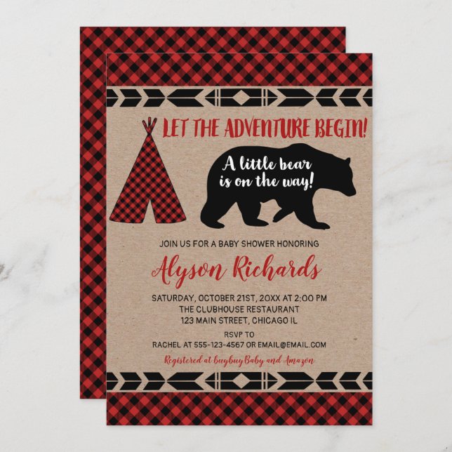 Lumberjack little bear rustic boy baby shower invitation (Front/Back)