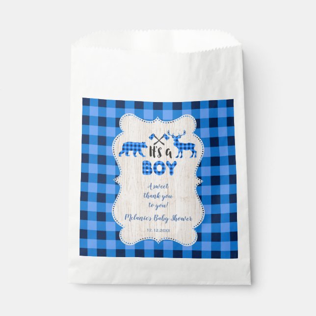 Lumberjack Little Hunter Blue Plaid Baby Shower Favour Bags (Front)