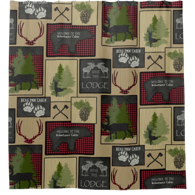 Lumberjack Mountain Bear Deer Cabin Personalised Shower Curtain (Front)