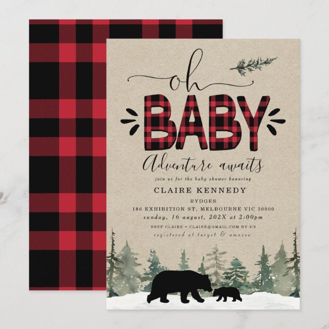Lumberjack Oh Baby Flannel Baby Shower Invitation (Front/Back)