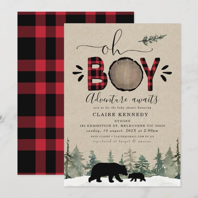 Lumberjack Oh Boy Flannel Baby Shower Invitation (Front/Back)
