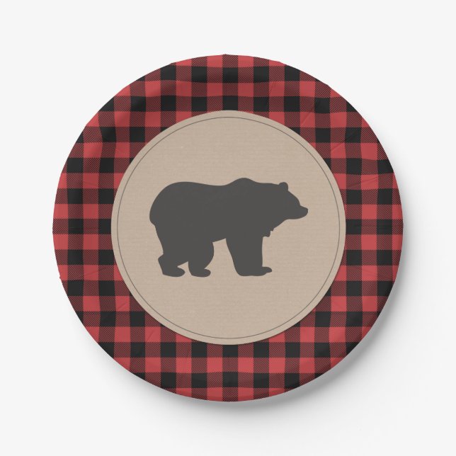 Lumberjack Paper Plates Red black Plaid Woodland (Front)