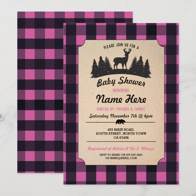 Lumberjack Pink Baby Shower Woodland Invite (Front/Back)