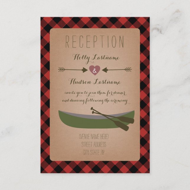 Lumberjack Plaid Canoe + Arrows Wedding Reception Enclosure Card (Front)
