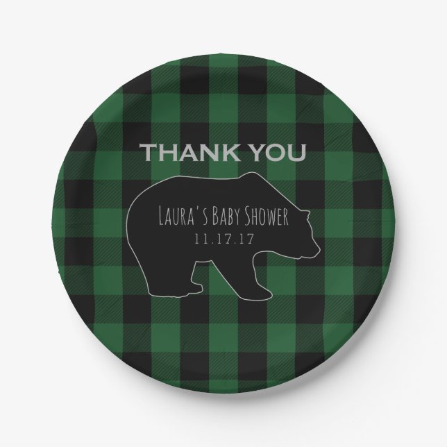 Lumberjack Plaid Green | Woodland Boy Baby Shower Paper Plate (Front)