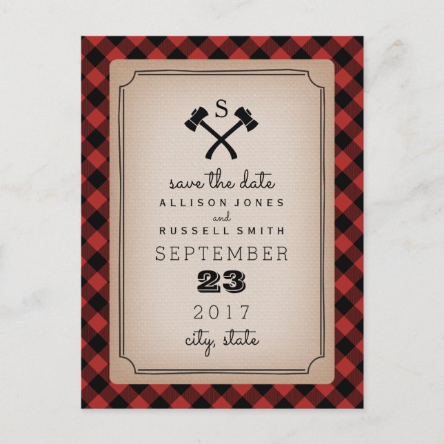 Lumberjack Plaid Monogram Axe Save The Date Announcement Postcard (Front)