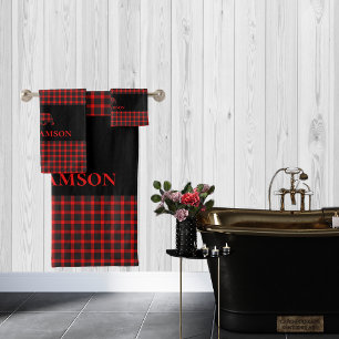 Lumberjack Plaid Monogram Bear   Red Black Bath Towel Set