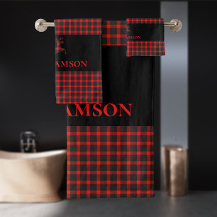 Lumberjack Plaid Monogram Deer   Red Black Bath Towel Set