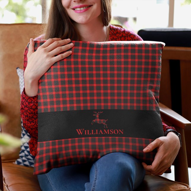 Lumberjack Plaid Monogram Deer | Red Black Cushion (Creator Uploaded)