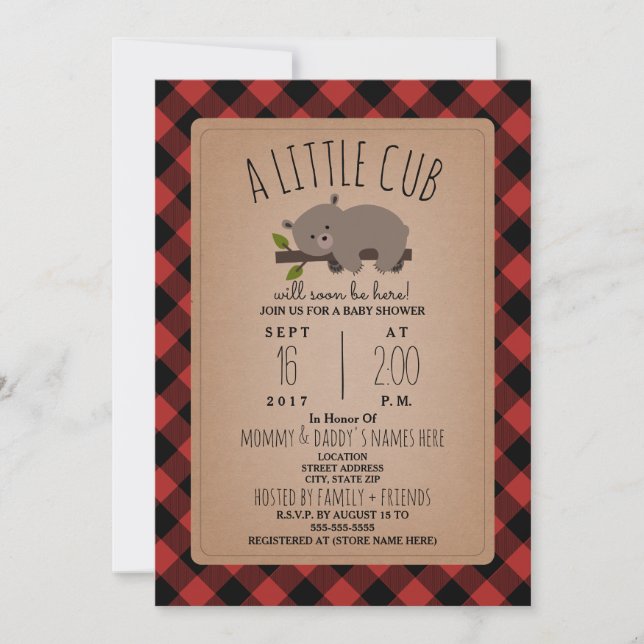 Lumberjack Plaid Sleepy Bear Cub Baby Shower Invitation (Front)