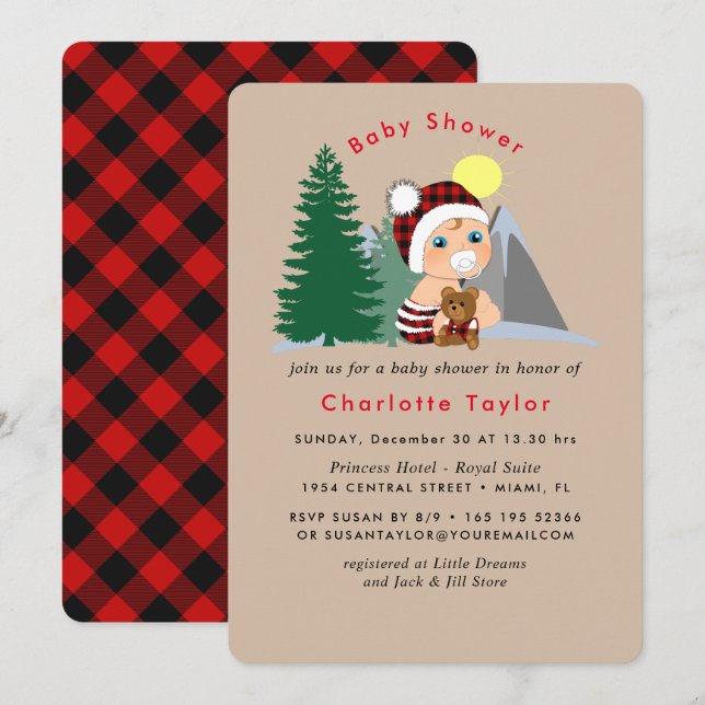 Lumberjack Red Black Plaid Cute Baby Shower Invitation (Front/Back)