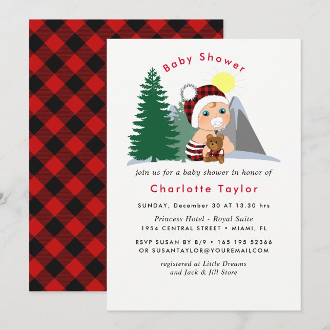 Lumberjack Red Black Plaid Cute Baby Shower Invitation (Front/Back)