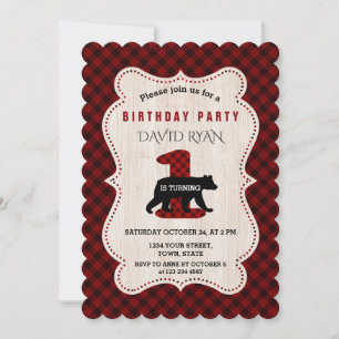 Lumberjack Red Buffalo Bear Birthday ONE Invitation