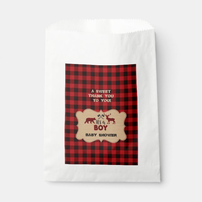 Lumberjack Red Buffalo Little Hunter Baby Shower Favour Bags (Front)