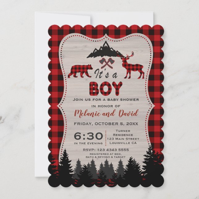 Lumberjack Red Buffalo Old Washed Barn Baby Shower Invitation (Front)