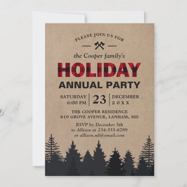 Lumberjack Red Buffalo Plaid Forest Holiday Party Invitation (Front)