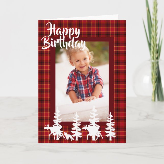 Lumberjack red plaid pattern birthday photo card (Front)