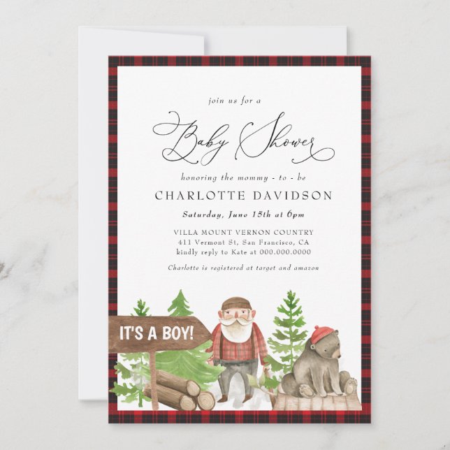 Lumberjack Rustic Bear Woodland Boy Baby Shower Invitation (Front)