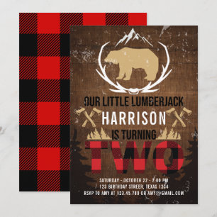 Lumberjack Second Birthday Wood Plaid Invitation