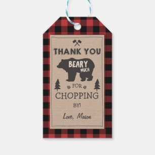 Lumberjack thank you tags Bear Red plaid Birthday