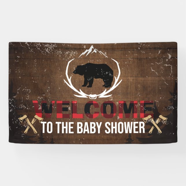 Lumberjack Welcome Baby Shower Wood Plaid Banner (Horizontal)