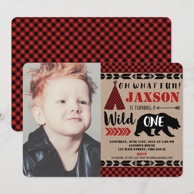 Lumberjack wild one 1st birthday boy photo invitation (Front/Back)