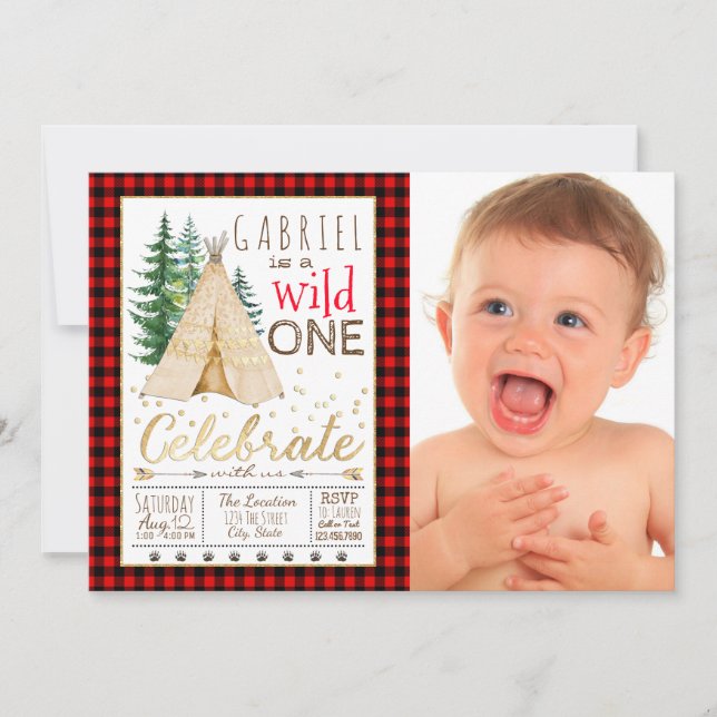 Lumberjack Wild One Tribal TeePee First Birthday Invitation (Front)