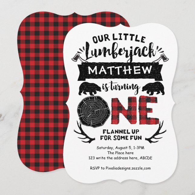 Lumberjack,  Woodland, Adventures, 1st Birthday Invitation (Front/Back)