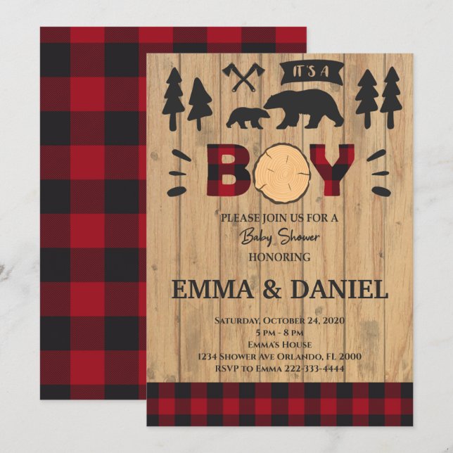 Lumberjack Woodland Baby Shower Boy Invitation (Front/Back)