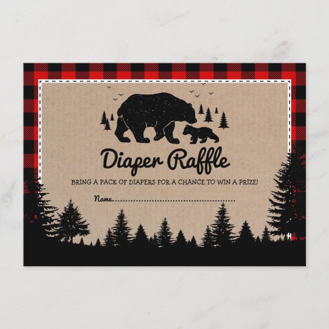 Lumberjack Woodland Bear Baby Shower Diaper Raffle Enclosure Card (Front)